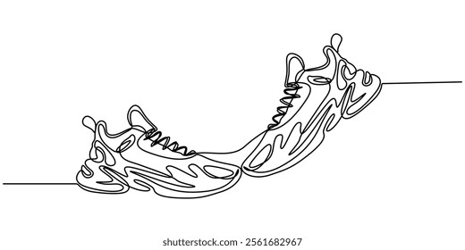 Premium vector shoe continuous one line drawing on white background concept of shoe business, Sport Sneaker shoes in continuous line art drawing style, sneakers are drawn with one line. Sports shoes. 