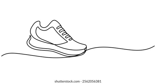 Premium vector shoe continuous one line drawing on white background concept of shoe business, Sport Sneaker shoes in continuous line art drawing style, sneakers are drawn with one line. Sports shoes.