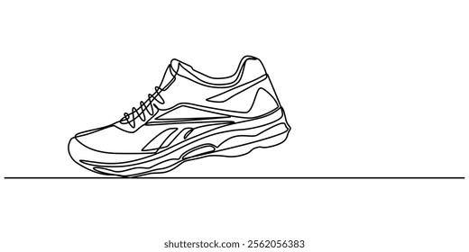 Premium vector shoe continuous one line drawing on white background concept of shoe business, Sport Sneaker shoes in continuous line art drawing style, sneakers are drawn with one line. Sports shoes.