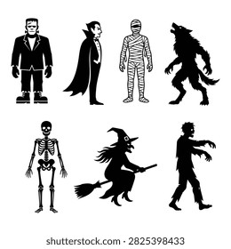 Premium vector silhouette bundle featuring classic Halloween monsters including Frankenstein, Dracula vampire, mummy, howling werewolf, skeleton, witch on a broomstick, and zombie. 