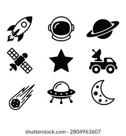 A premium vector silhouette collection of nine space exploration and astronomy icons. The set features a flying rocket spaceship, an astronaut helmet avatar, Saturn planet with rings, an orbital satellite, a classic five-pointed star, a lunar rover vehicle with a radar dish, a falling comet meteor, an alien UFO flying saucer, and a crescent moon with craters. Perfect for science infographics, educational children's books, tech branding, kids' t-shirt prints, and website icon designs.