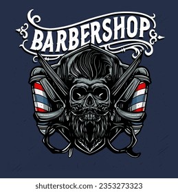 Premium Vector | Skull barbershop logo illustration. Vintage barbershop illustration