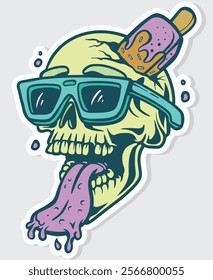 Premium vector skull funny with glass ice cream on the head drawing cartoon