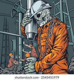 Premium Vector I skull oilfield work drawing illustration outline color 