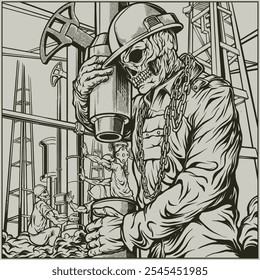 Premium Vector I skull oilfield work drawing illustration outline color 