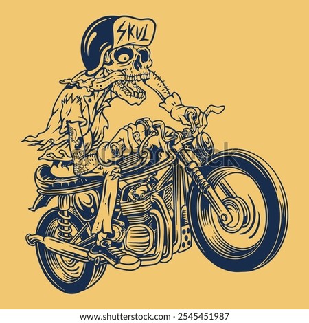Premium vector I skull riding motorcycle club drawing outline vehicle 