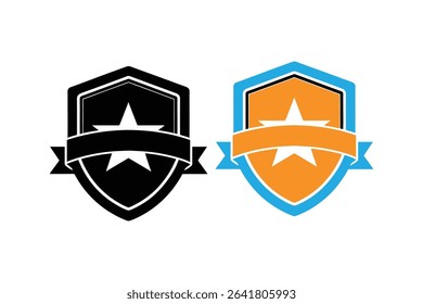 Premium Vector Star Shield Badge Logo Templates - Black and Orange Designs with Ribbons for Branding and Identity, Vintage  shield vector icon set on white background	