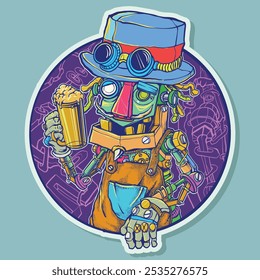 Premium Vector Steampunk robot línea de cerveza ilustración de dibujo de arte