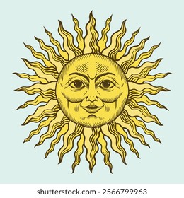 Premium vector sun face smile drawing engraving retro vintage