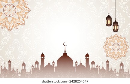 Premium Vector template for the celebration of Eid al-Fitr, Eid al-Adha, Ramadan, Islamic New Year, and others with premium and elegant designs. Floral effect. Mosque at bottom. Editable. EPS 10