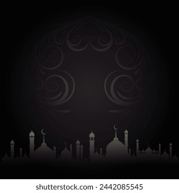 Premium Vector template for the celebration of Eid al-Fitr, Eid al-Adha, Ramadan, Islamic New Year, and others with premium and elegant designs. Floral effect. Mosque at bottom. Editable. EPS 10