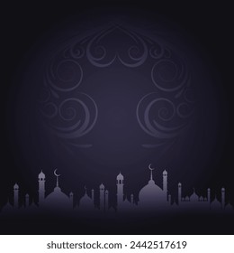 Premium Vector template for the celebration of Eid al-Fitr, Eid al-Adha, Ramadan, Islamic New Year, and others with premium and elegant designs. Floral effect. Mosque at bottom. Editable. EPS 10