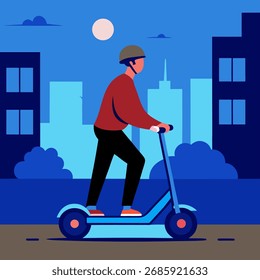 Premium vector of a young man riding an electric scooter in a modern urban street, showcasing eco-friendly transport and urban mobility
