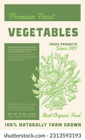 Premium Vegetables Vector Packaging Product Label Design with Retro Typography and Hand Drawn Vegs and Herbs. Sketch Silhouettes Background Layout