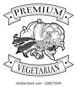 Premium vegetarian menu icon of vegetables and banners in a stamp style