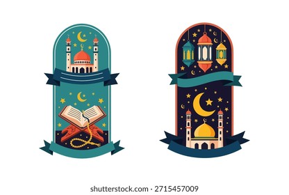 Banners verticais premium com mesquitas, lanternas e Alcorão. Vetores festivos de alta qualidade para saudações do Ramadã, marcadores e decorações religiosas.