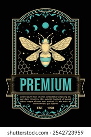 Premium Vintage Label Featuring Celestial Bee with Honeycomb and Ornate Frame