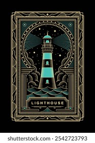 Premium Vintage Label Lighthouse with Ornate Frame and Coastal Theme