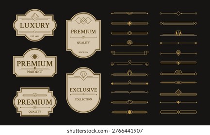 Premium vintage label set with elegant frames and geometric art deco dividers. Decorative badges for luxury branding, packaging and product design. Stylish vector collection with refined line details.