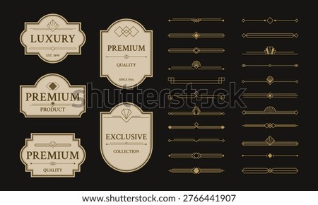 Premium vintage label set with elegant frames and geometric art deco dividers. Decorative badges for luxury branding, packaging and product design. Stylish vector collection with refined line details.