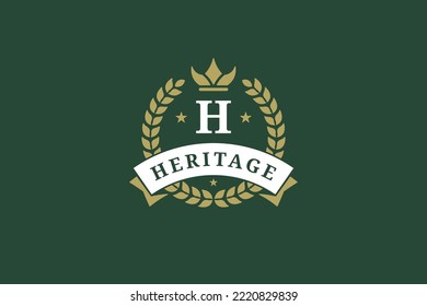 Premium vintage letter in crown with laurel wreath decorative ribbon logo design template place for text vector illustration. Luxury retro business emblem beauty fashion service accessory cosmetic
