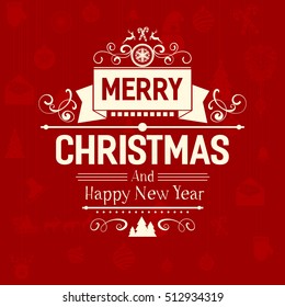 Premium Vintage retro flat style trendy Merry Christmas card and New Year wish greeting. Vector illustration with pale white inscription on dark red carmine background for wallpaper, magazine