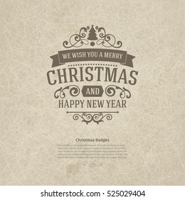 Premium vintage retro flat style trendy Merry Christmas badge and New Year wish greeting. Vector illustration with brown text inscription on scratched beige sandy background with hand drawn elements 