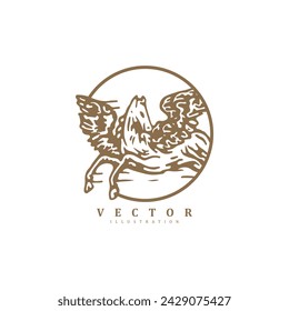 Premium vintage retro hand drawn flying winged horse logo design badge