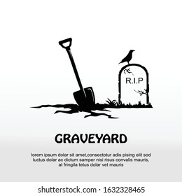 Premium Vintage Style Halloween Logo or Label Template. shovel and Tomb Stone  Symbol. Shabby Texture Background. Isolated.