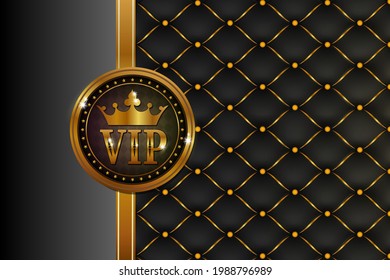 Premium VIP banner with gold elements and crown. Vector abstract upholstery or matte black leather texture sofa background and antique bronze nails for antique furniture decoration gold crown.