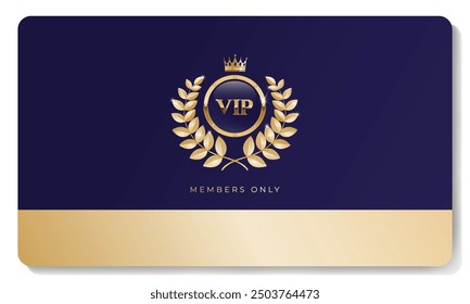 Tarjeta VIP Premium en color azul con corona dorada, corona de laurel y otros Elementos. Diseño de lujo. Ilustración vectorial