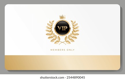 Premium VIP card in white color with golden crown, laurel wreath and other elements. Luxury design. Vector illustration