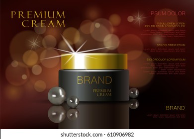Premium VIP cosmetic ad, hydrating luxury facial cream sale. Elegant cream mask bottle glitter sparkles black pearls, dark brown red  chocolate gloss effect. 3D realistic detailed vector illustration.