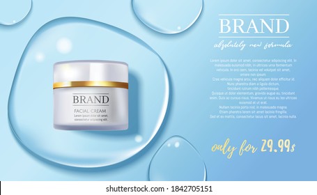 Premium VIP cosmetic ads, hydrating luxury facial cream for sale concept of  protection skin and moisturizing face serum, 3D realistic vector illustration. Water drop background. 