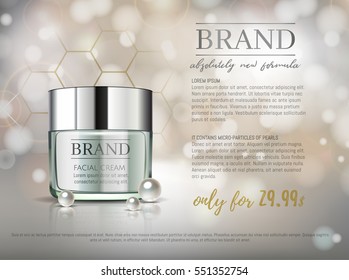 Premium VIP cosmetic ads, hydrating luxury facial cream for sale. Elegant Light Green cream mask bottle isolated on glitter sparkles with pearls, gloss effect. 3D realistic vector illustration.