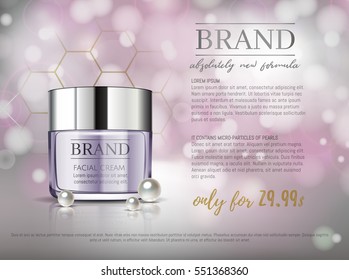 Anúncios cosméticos VIP premium, creme facial de luxo hidratante para venda. Elegante garrafa de máscara de creme de cor roxa macia isolada em brilhos com pérolas, efeito de brilho. Ilustração vetorial realista 3D.