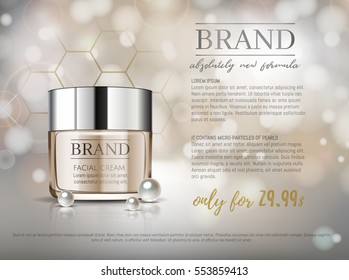 Premium VIP cosmetic ads, hydrating luxury facial cream for sale. Elegant soft beige color cream mask bottle isolated on glitter sparkles with pearls, gloss effect. 3D realistic vector illustration.