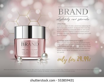 Premium VIP Cosmetic Ads, Hydrating Luxury Facial Cream For Sale. Elegant Soft Pink Color Cream Mask Bottle Isolated On Glitter Sparkles With Pearls, Gloss Effect. 3D Realistic Vector Illustration.