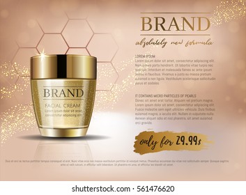 Premium VIP cosmetic ads, hydrating luxury facial cream for sale. Elegant beige and gold color cream mask bottle with gold particles isolated on glitter sparkles, gloss effect. 3D realistic vector