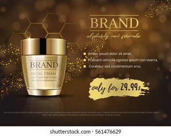 Anúncios cosméticos VIP premium, creme facial hidratante de luxo à venda. Frasco de máscara de creme de cor marrom escuro e dourado rico com partículas de ouro isoladas em brilhos de brilho, efeito de brilho. vetor realista 3D