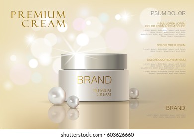 Premium VIP cosmetic ads, hydrating luxury facial cream for sale. Elegant soft color cream mask bottle isolated on glitter sparkles with pearls, gloss effect. 3D realistic vector illustration.