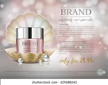 Premium VIP cosmetic ads, hydrating luxury facial cream for sale. Elegant soft pink color cream mask bottle in shell isolated on glitter sparkles with pearls, gloss effect. 3D realistic vector