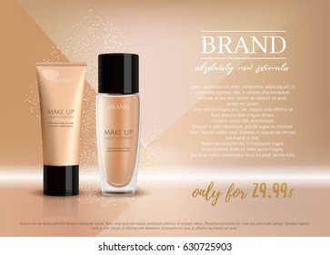 Premium VIP cosmetic ads, promotion make-up foundation for sale. Elegant beige skin face cream, lotion tube and glass bottle isolated on glitter sparkle background, gloss effect. 3D realistic vector 