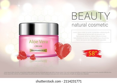 Premium VIP cosmetics, moisturizing luxury face cream. Elegant bottle of cream mask of pale pink color, isolated with sequins with hearts, glitter effect. 3D realistic vector illustration