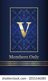 Premium VIP invitation card. Gold pattern on a blue background. Luxurious design template.