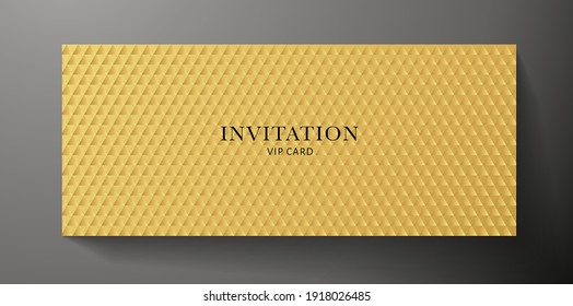 Premium VIP Invitation template with abstract gold triangle pattern (carbon texture) on background. Luxury design for invite, Golden ticket, Gift certificate, Voucher, Gift card or coupon template