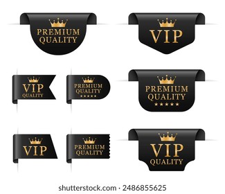 Premium, VIP, goldene Luxusetiketten, Banner und Schleifenecken, Vektorgrafik Premium-Qualitätsabzeichen. Vereinzelte Vektorgrafiken in Gold und Schwarz zeichnen exklusive Qualitätsprodukte aus. Vektorillustration