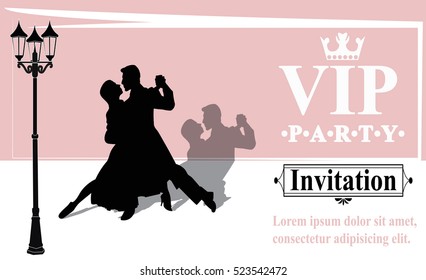 Premium VIP party invitations posters flyers. Retro design template set with a couple dancing tango.