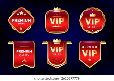 Premium VIP seller quality gold red ribbon seals badges - royal crown and star emblem banner, label design set for premium products content Vector luxury sign collection elements of frames borders.