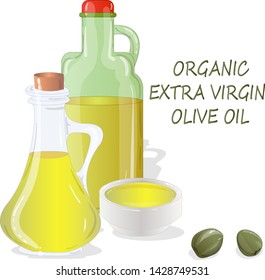 Premium virgin olive oil and some olives isolated on a white background. Vector illustration hand made. 